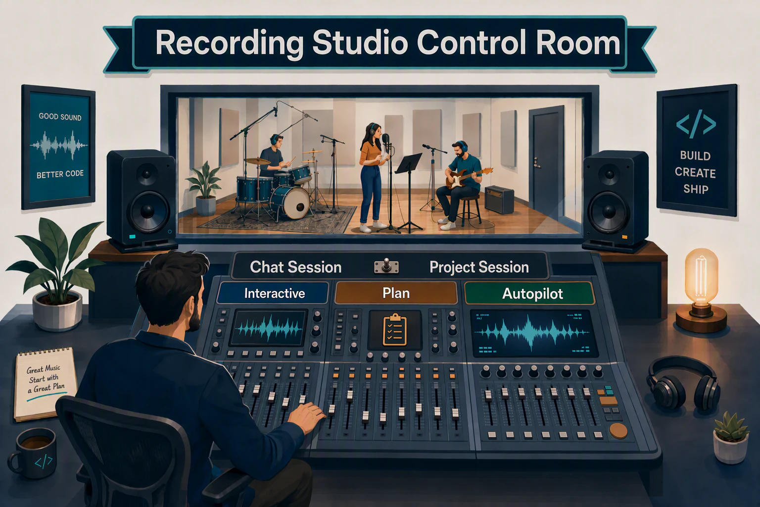 Producer's control room with a Chat Session and Project Session switch and Interactive, Plan, and Autopilot sections on the mixing desk